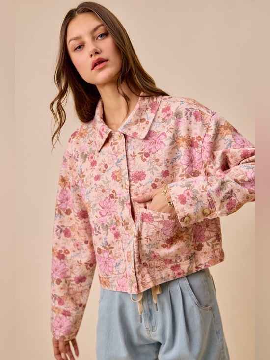 So Me Jackets & Blazers - SO ME Floral Print Cotton Twill Button Down Barn Jacket